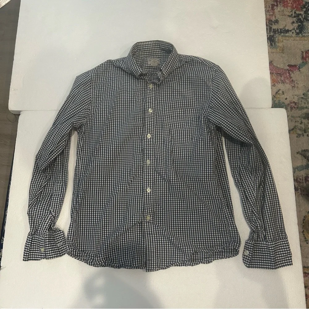 J Crew woven checkered navy white button down long sleeve shirt